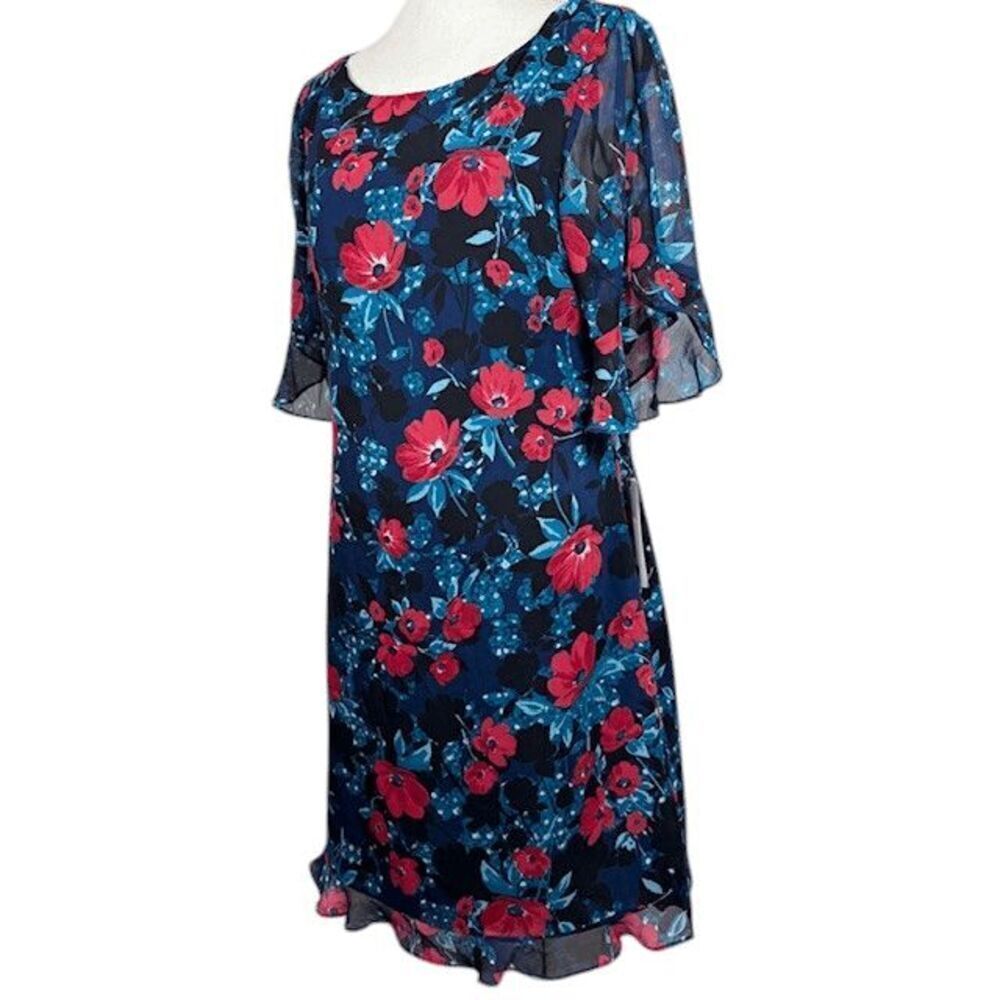 NWT Karl Lagerfeld Navy Floral Shift Dress Short‎ Ruffle Flutter Sleeve Size 10